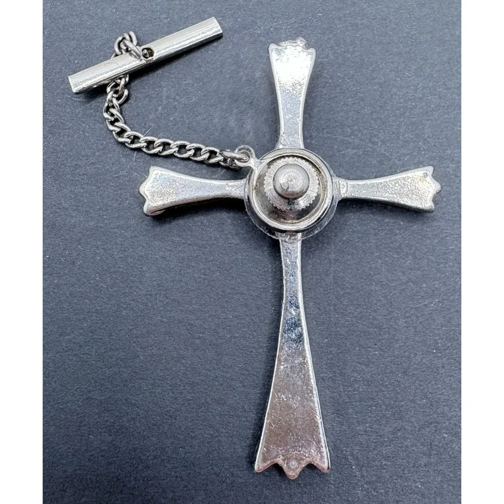Vintage Southwestern Style Cross Tie Tack Turquoise & Red Coral Silver Tone